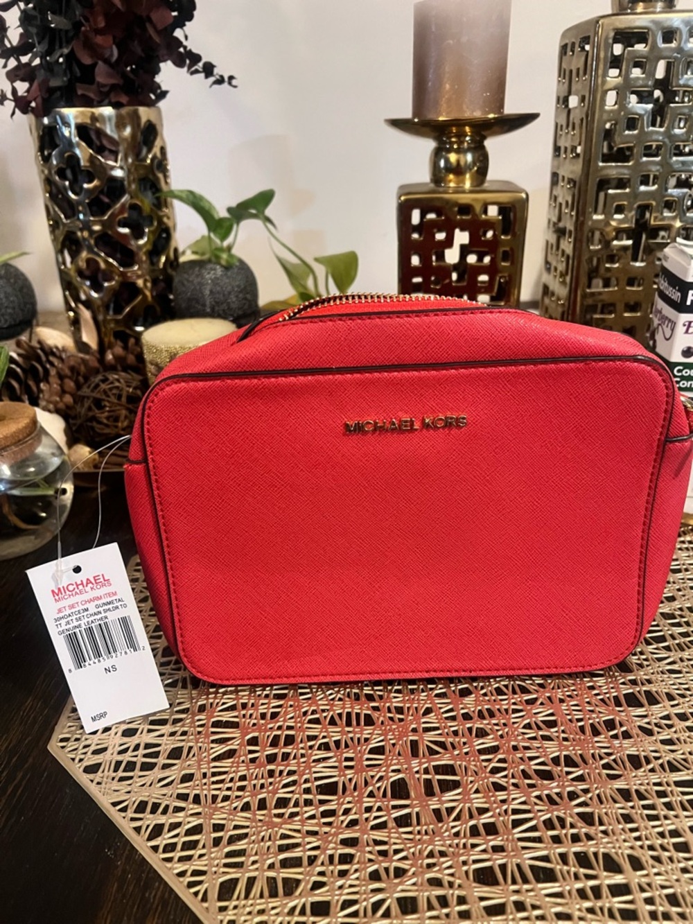 Michael Kors Red Saffiano Crossbody Camera Bag with Gold Logo